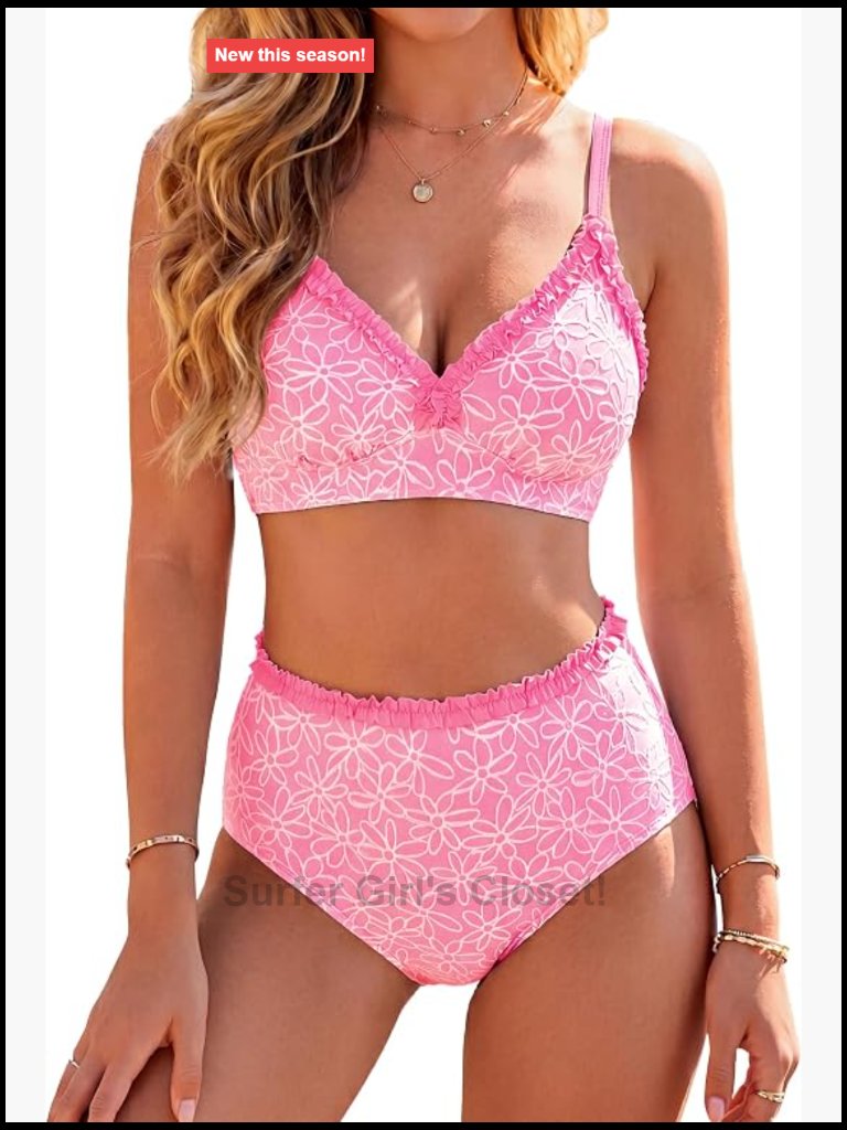 High Waisted Bikini Sets Embroidery Print Ruffle Trim Two Piece Swimsuits Tummy